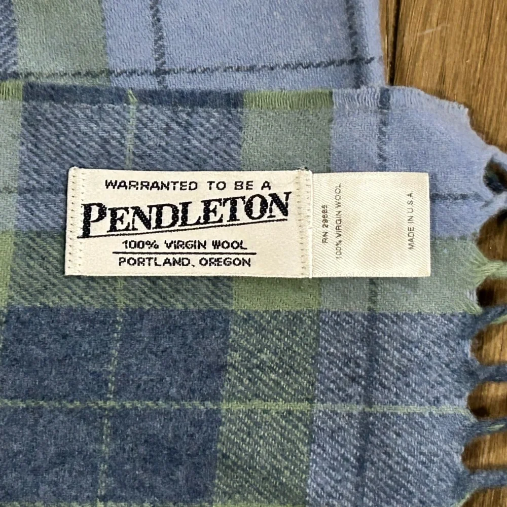 Pendleton 100% Virgin Wool Plaid Scarf Made in USA 37” X 14” Blue & Green